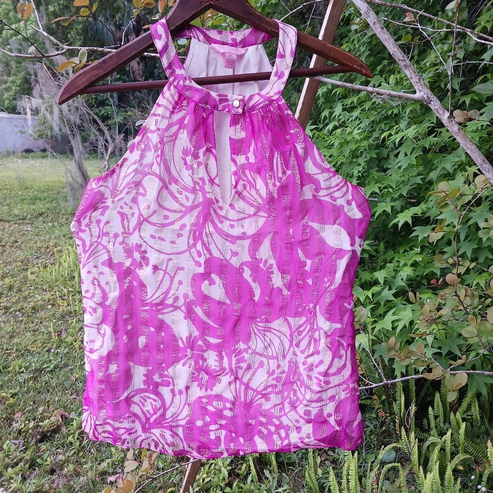 Lily Pulitzer Pink White Golden Metallic Floral Blouse Tank Top Extra Small